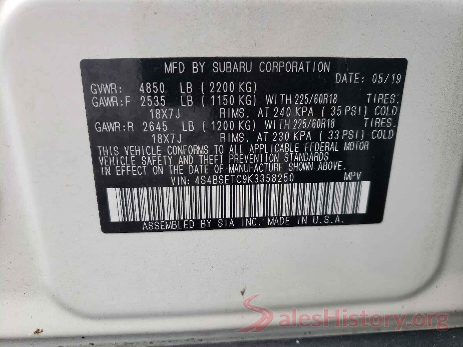 4S4BSETC9K3358250 2019 SUBARU OUTBACK