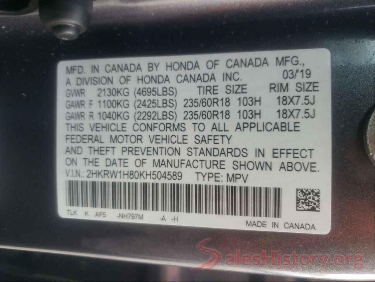 2HKRW1H80KH504589 2019 HONDA CRV