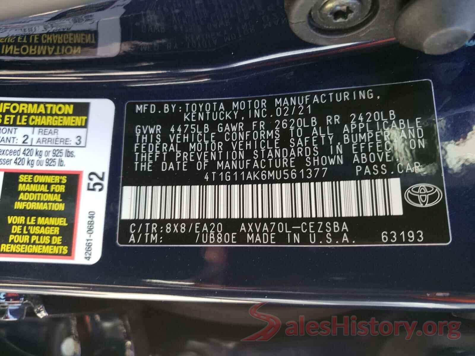 4T1G11AK6MU561377 2021 TOYOTA CAMRY