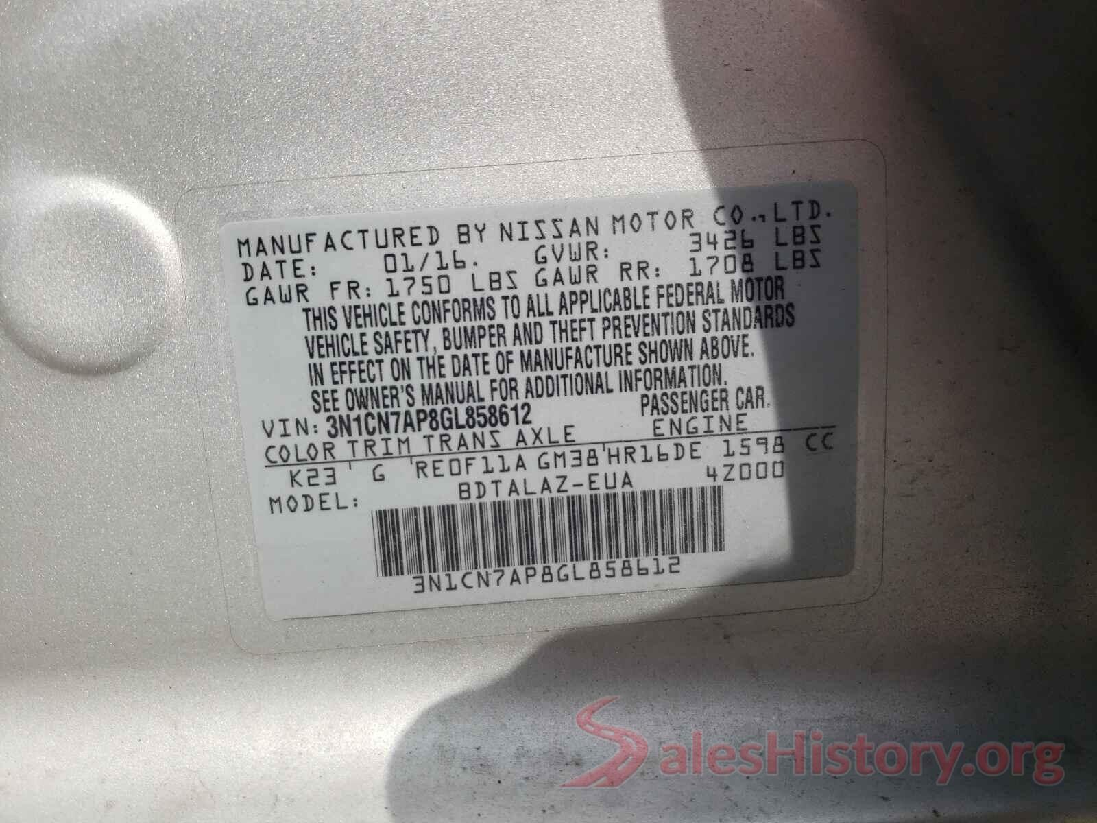 3N1CN7AP8GL858612 2016 NISSAN VERSA