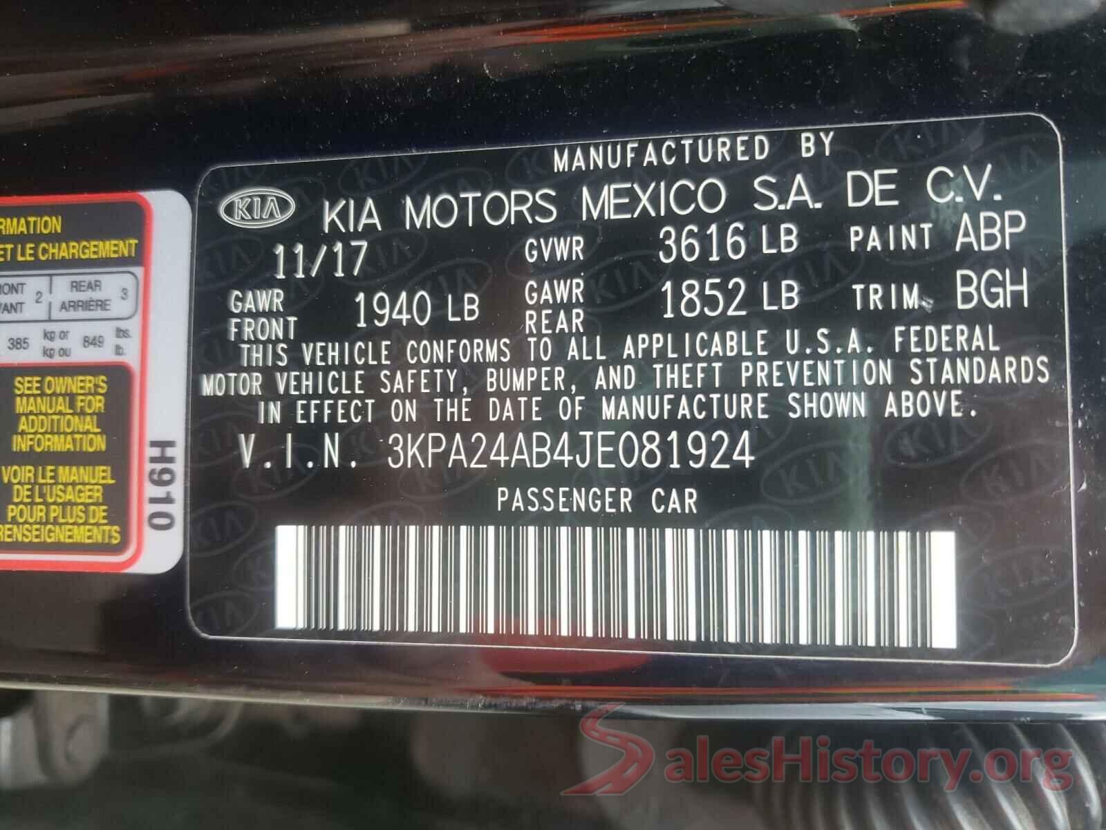 3KPA24AB4JE081924 2018 KIA RIO