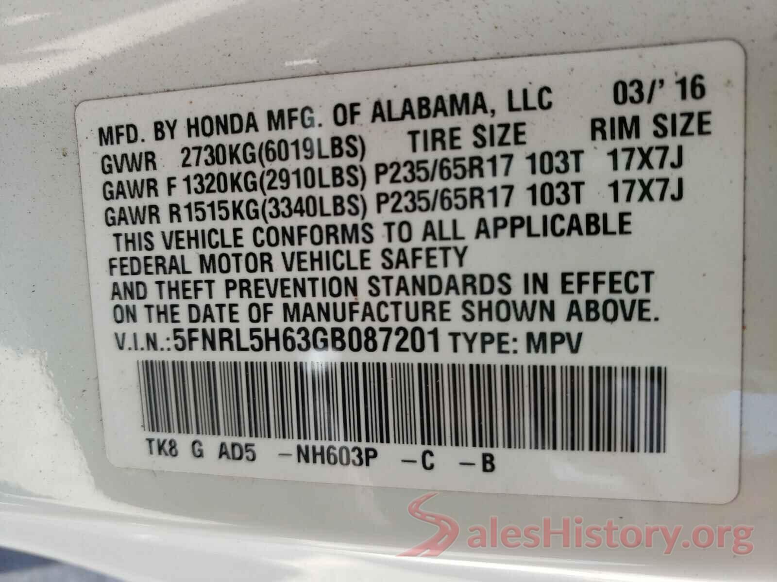 5FNRL5H63GB087201 2016 HONDA ODYSSEY