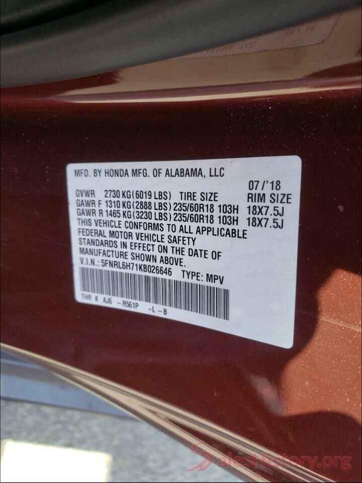 5FNRL6H71KB026646 2019 HONDA ODYSSEY