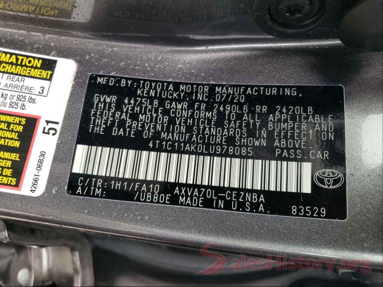 4T1C11AK0LU978085 2020 TOYOTA CAMRY