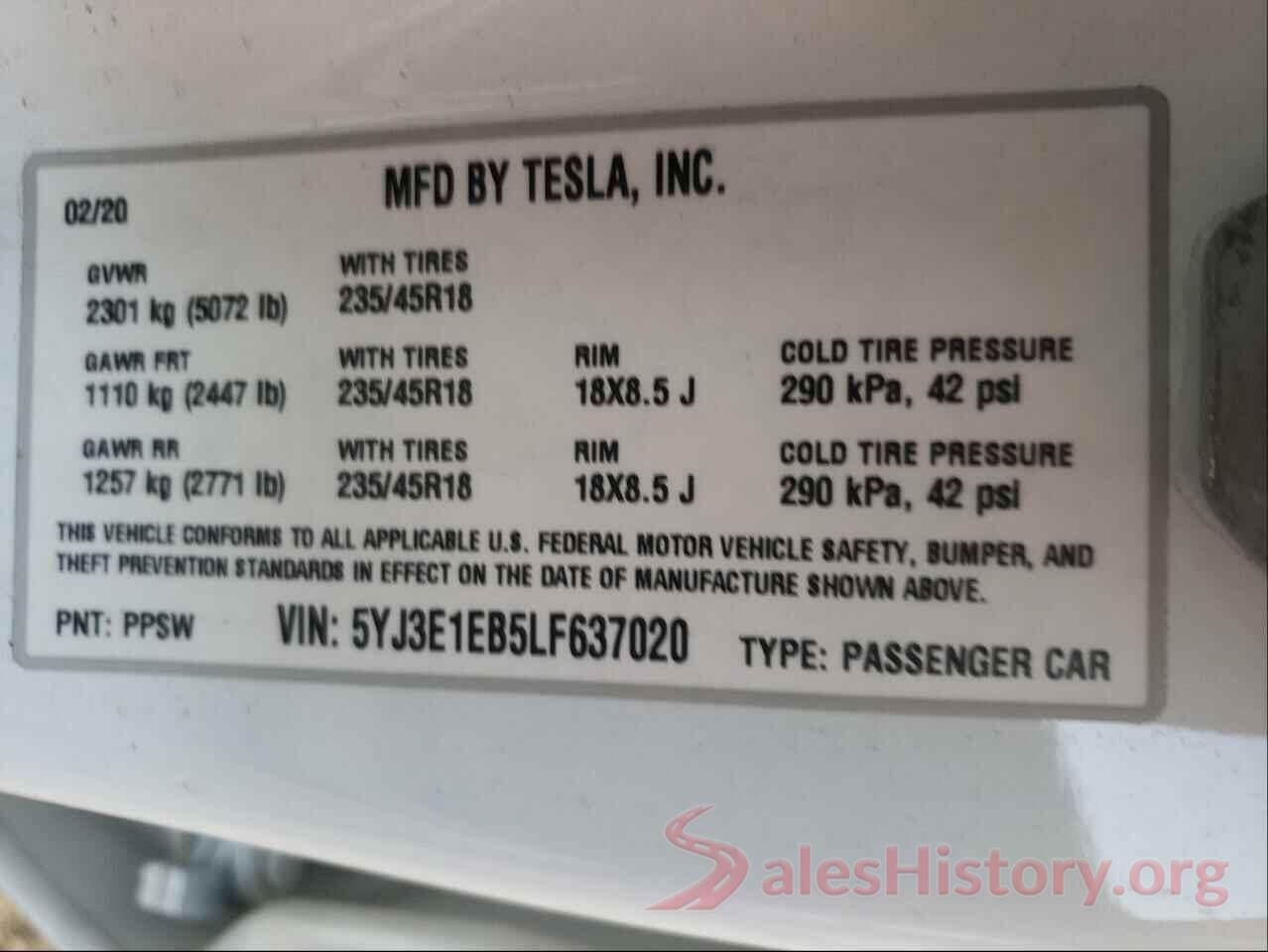 5YJ3E1EB5LF637020 2020 TESLA MODEL 3