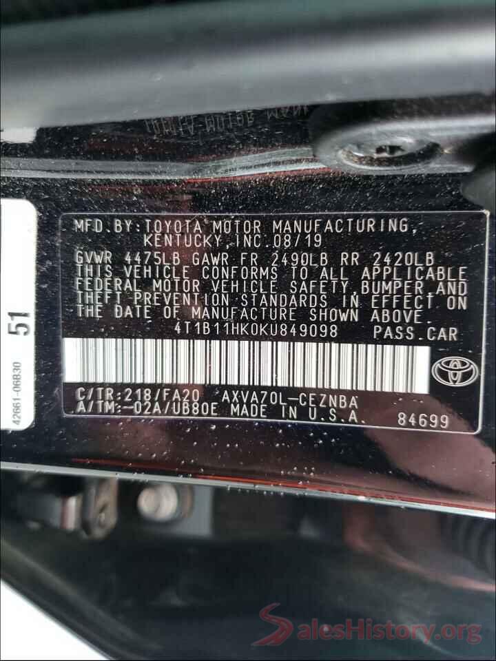 4T1B11HK0KU849098 2019 TOYOTA CAMRY