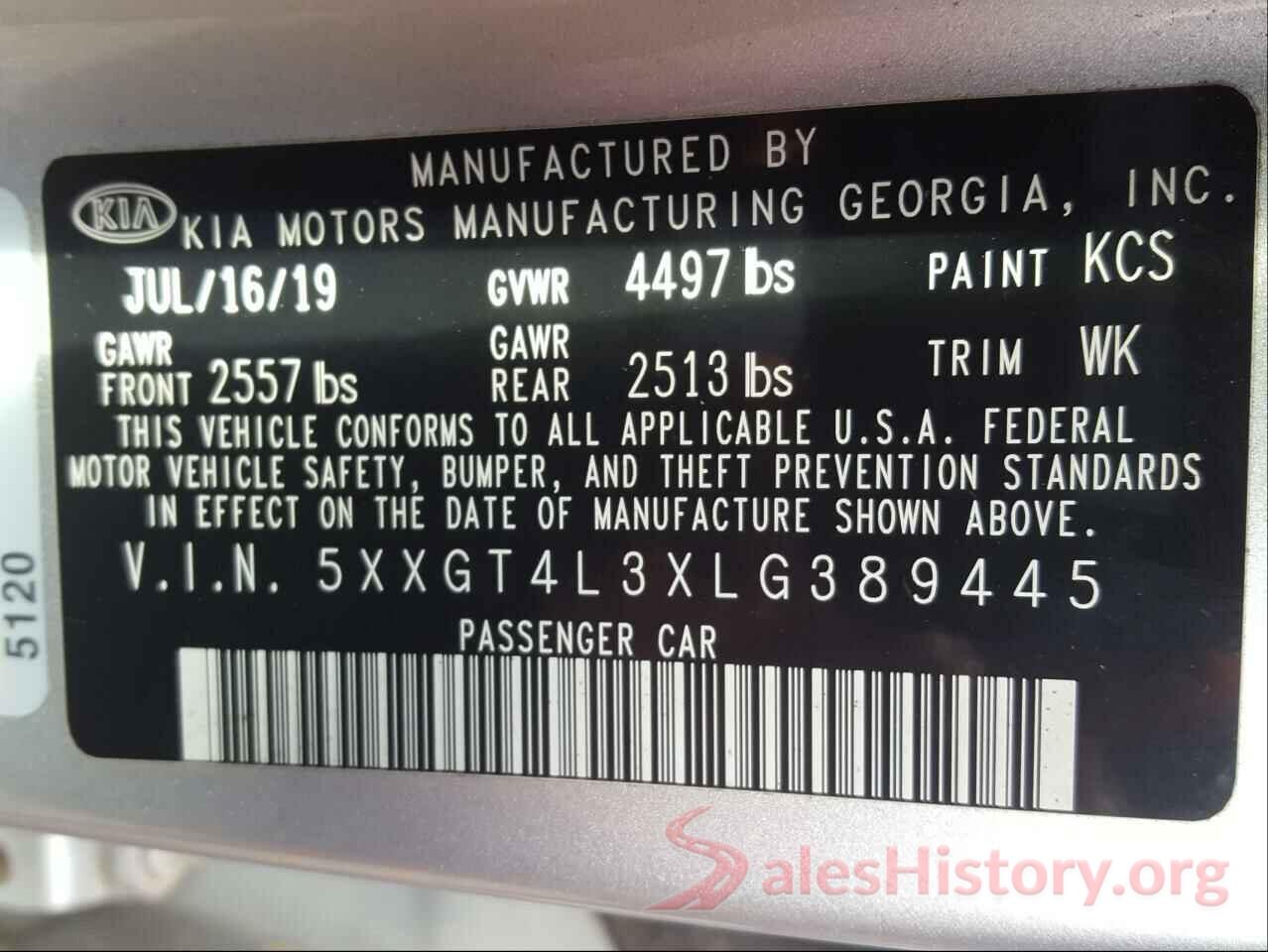 5XXGT4L3XLG389445 2020 KIA OPTIMA