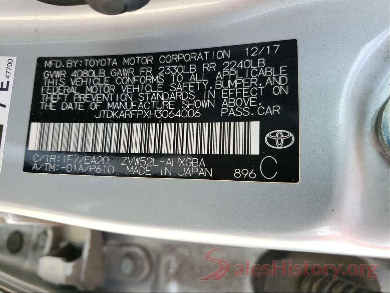 JTDKARFPXH3064006 2017 TOYOTA PRIUS