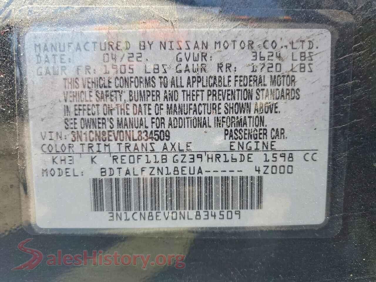 2022 NISSAN VERSA VIN 3N1CN8EV0NL834509, trunk area