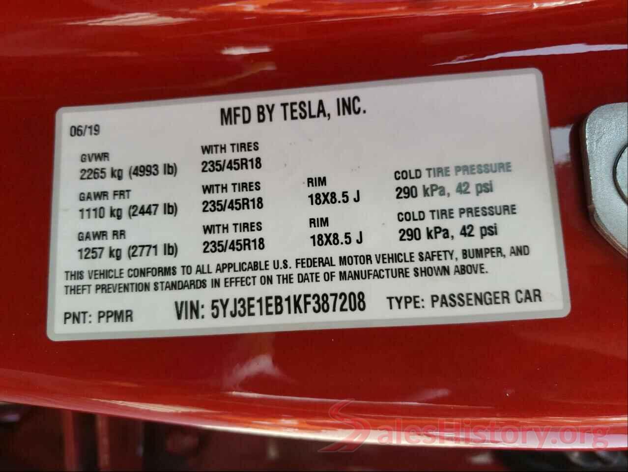 5YJ3E1EB1KF387208 2019 TESLA MODEL 3