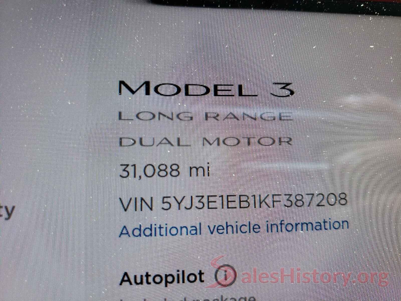 5YJ3E1EB1KF387208 2019 TESLA MODEL 3