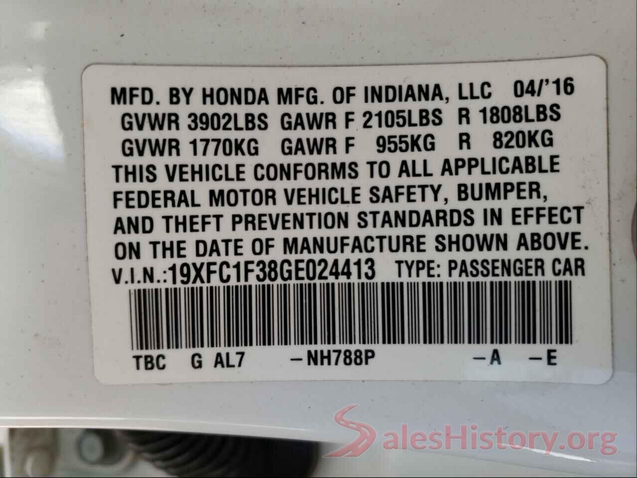 19XFC1F38GE024413 2016 HONDA CIVIC