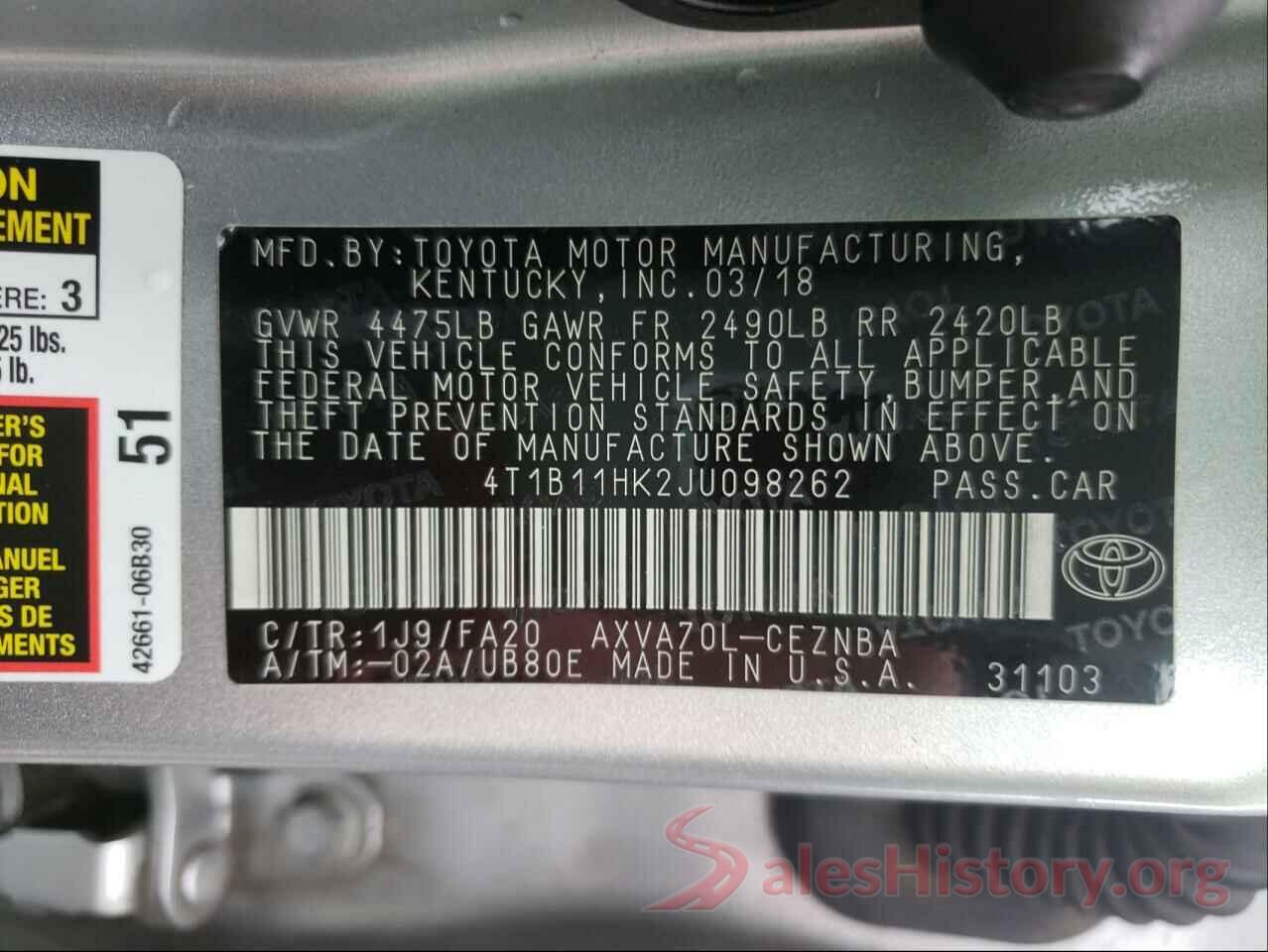 4T1B11HK2JU098262 2018 TOYOTA CAMRY