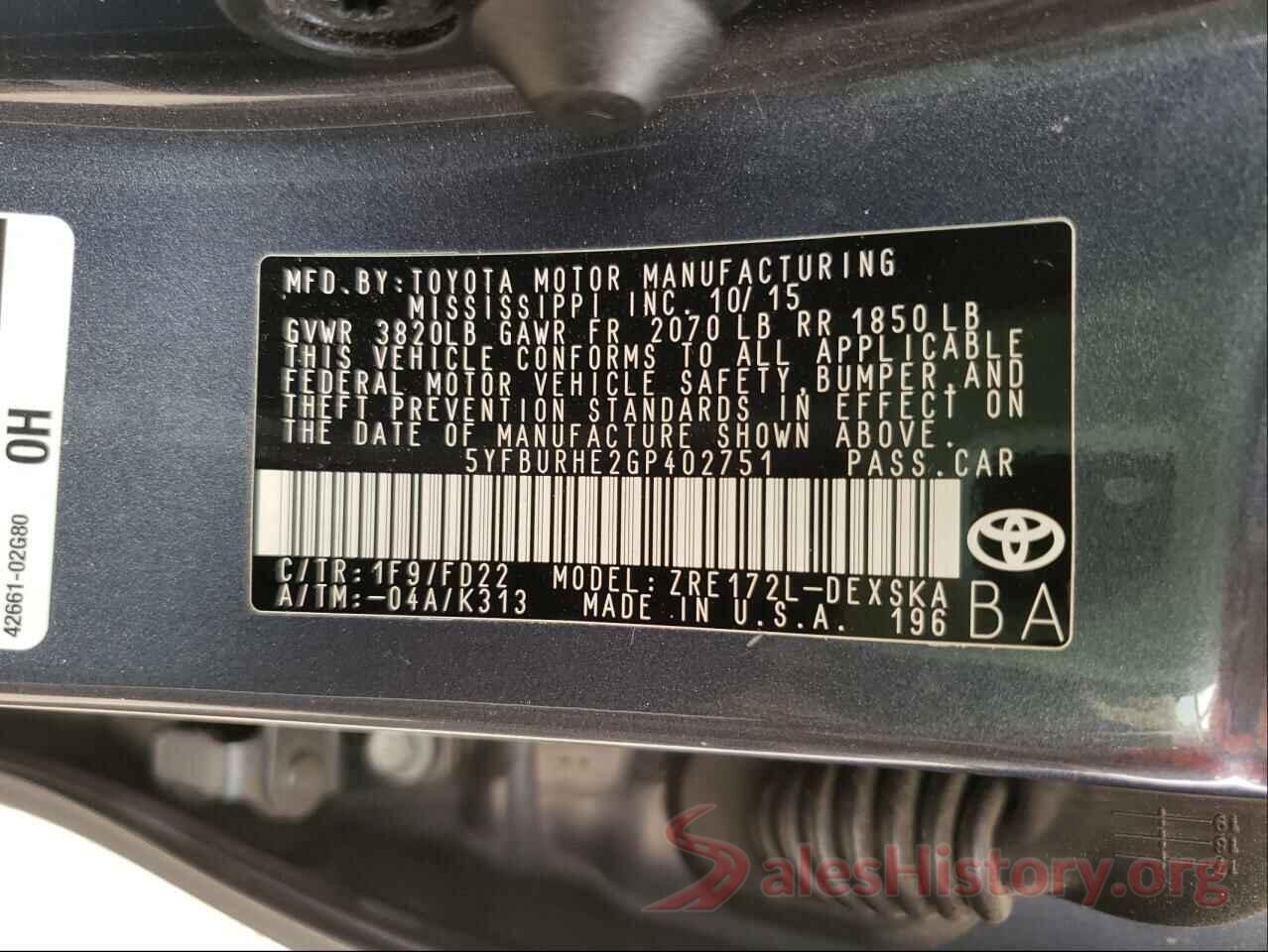 5YFBURHE2GP402751 2016 TOYOTA COROLLA