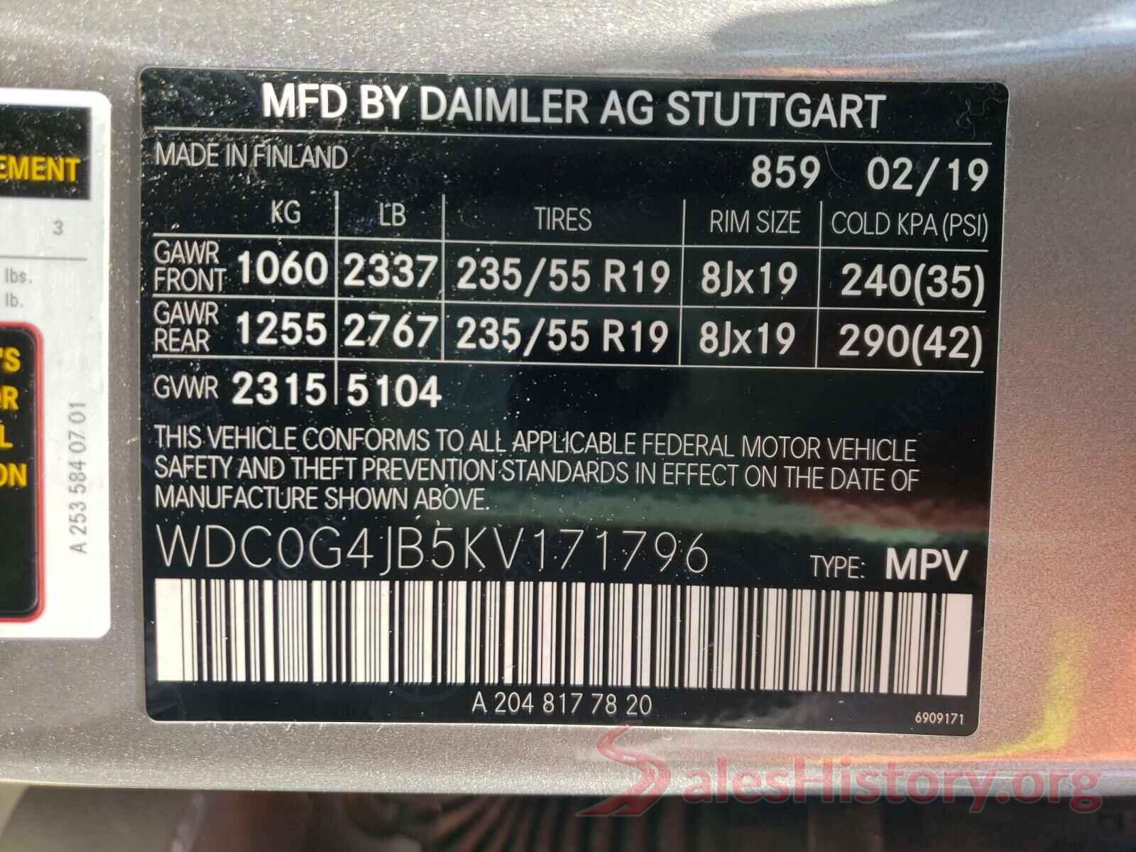 WDC0G4JB5KV171796 2019 MERCEDES-BENZ GLC-CLASS