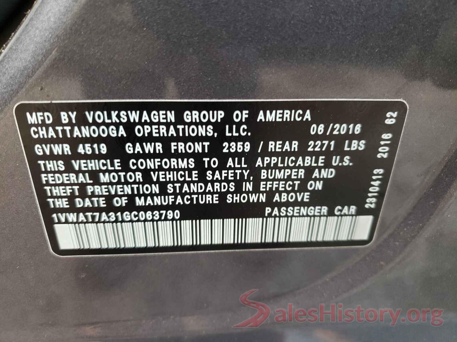 1VWAT7A31GC063790 2016 VOLKSWAGEN PASSAT