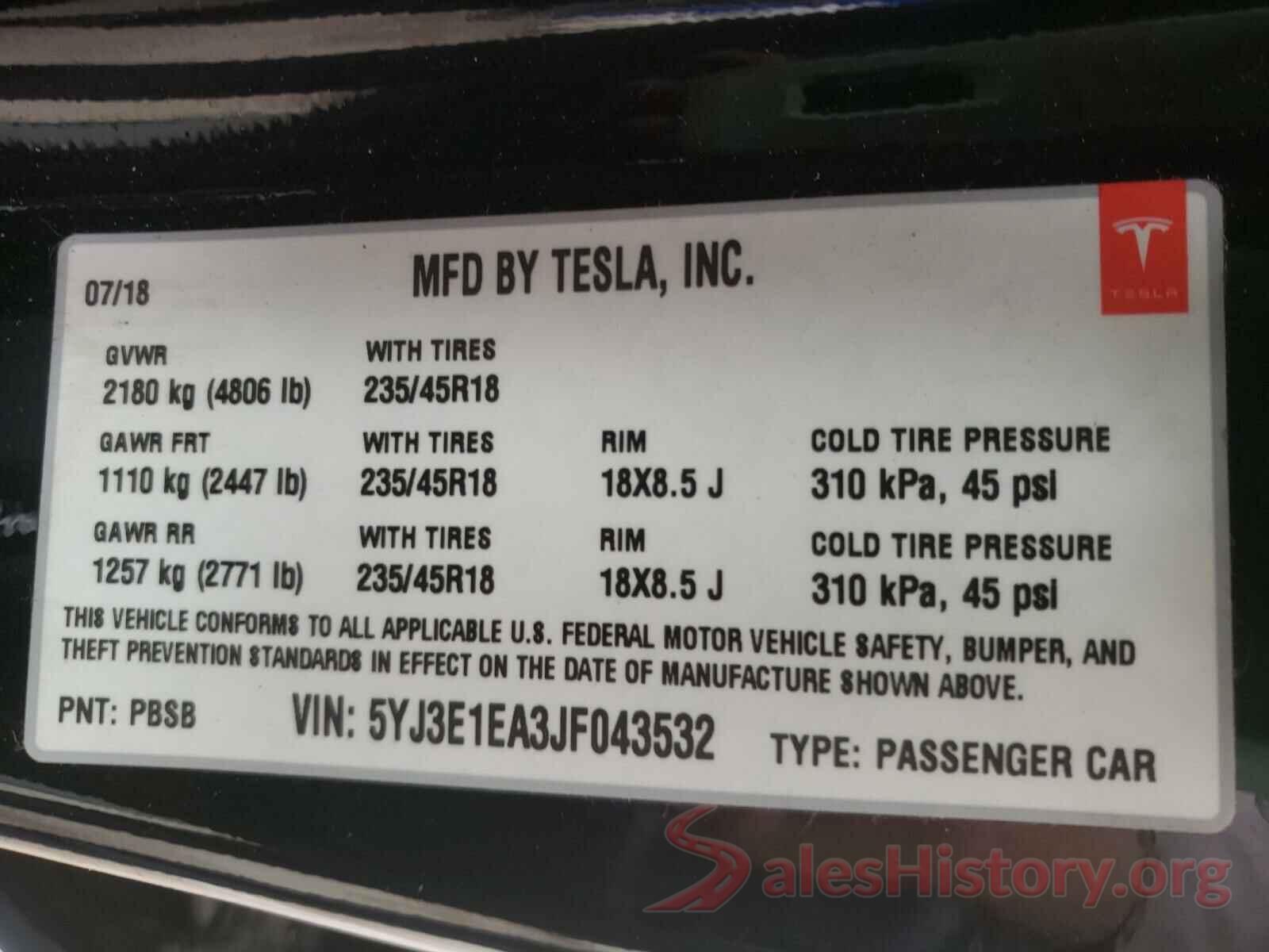 5YJ3E1EA3JF043532 2018 TESLA MODEL 3