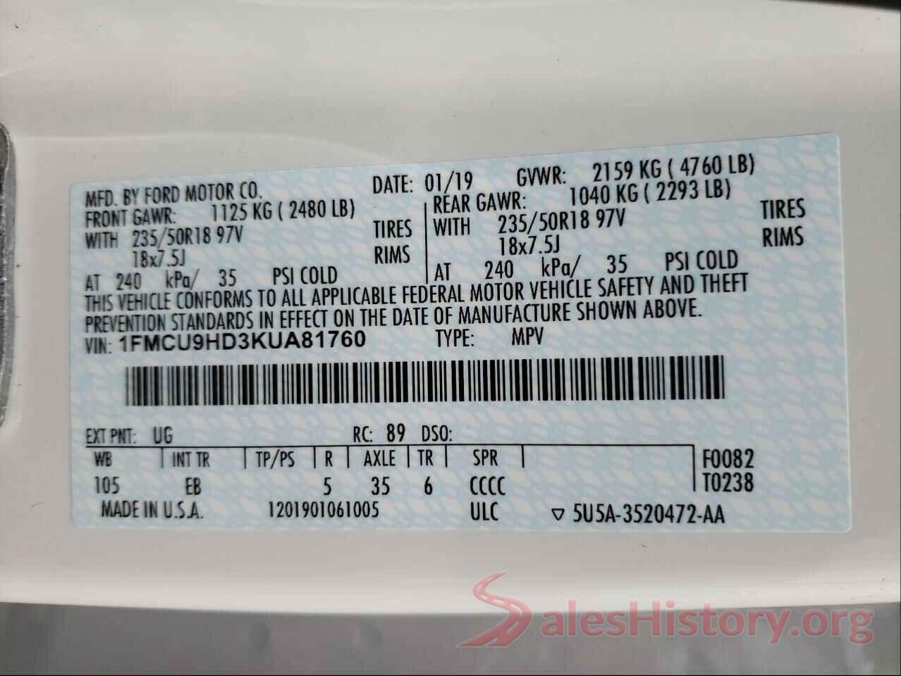 1FMCU9HD3KUA81760 2019 FORD ESCAPE