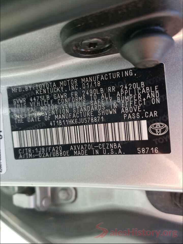 4T1B11HK6JU578871 2018 TOYOTA CAMRY