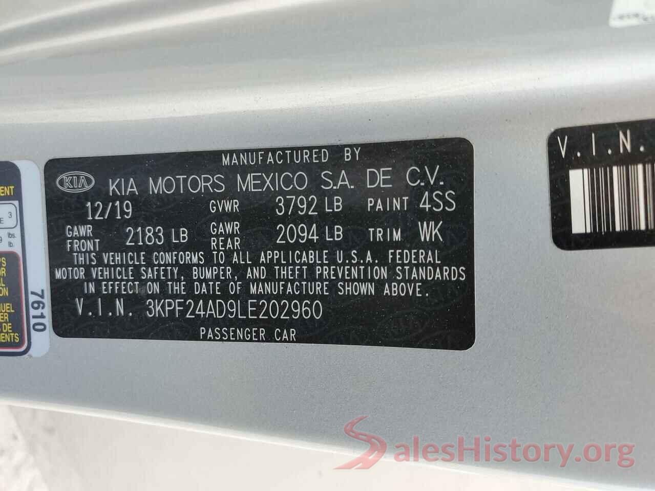 3KPF24AD9LE202960 2020 KIA FORTE