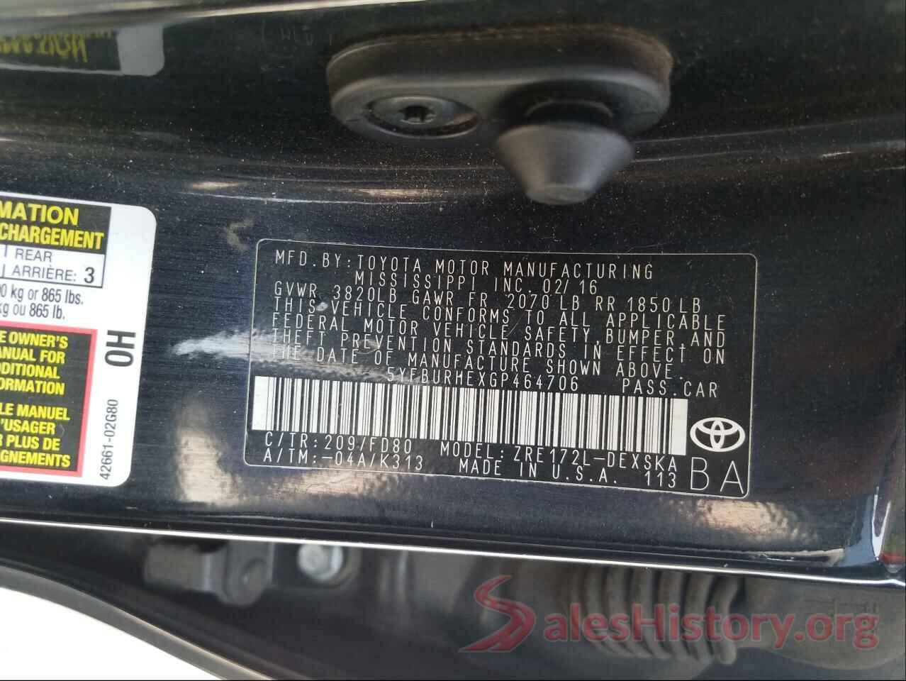 5YFBURHEXGP464706 2016 TOYOTA COROLLA