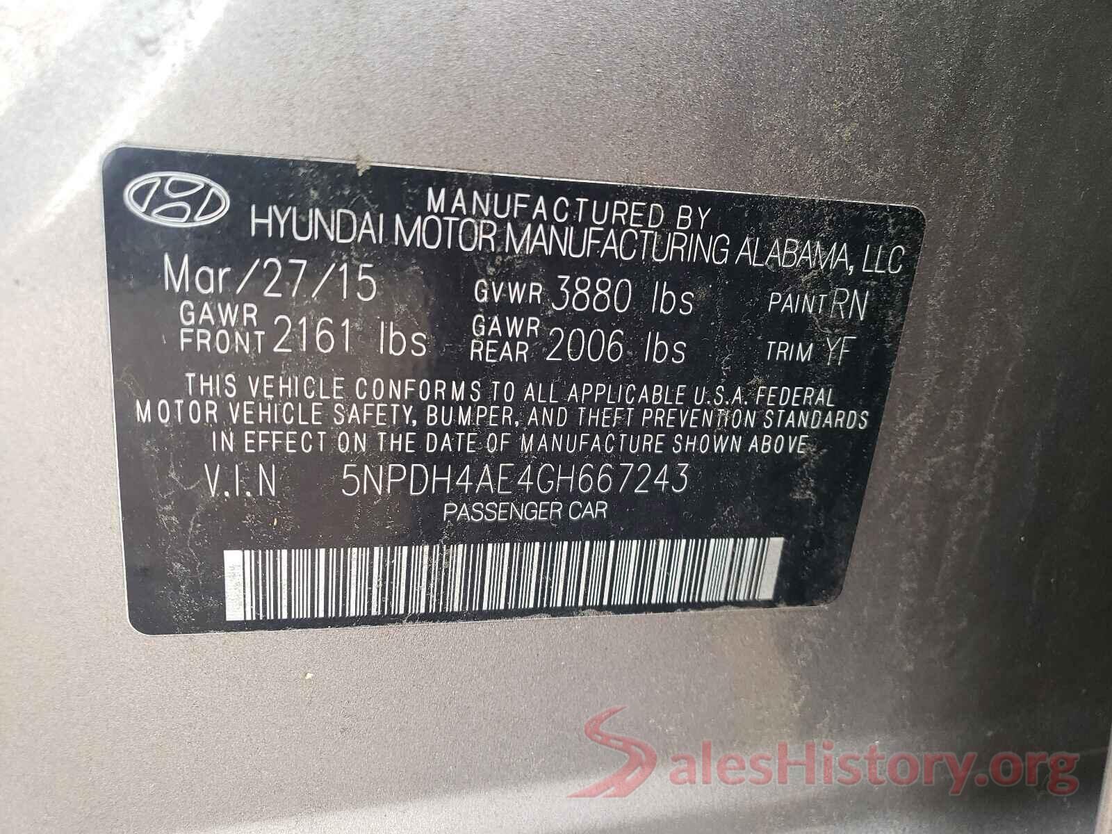 5NPDH4AE4GH667243 2016 HYUNDAI ELANTRA