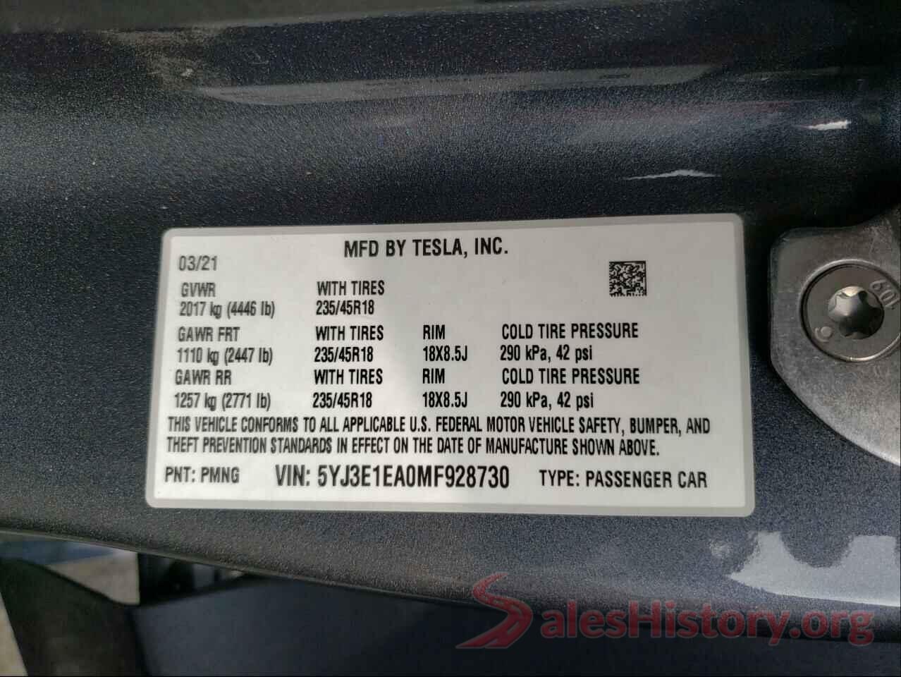 5YJ3E1EA0MF928730 2021 TESLA MODEL 3