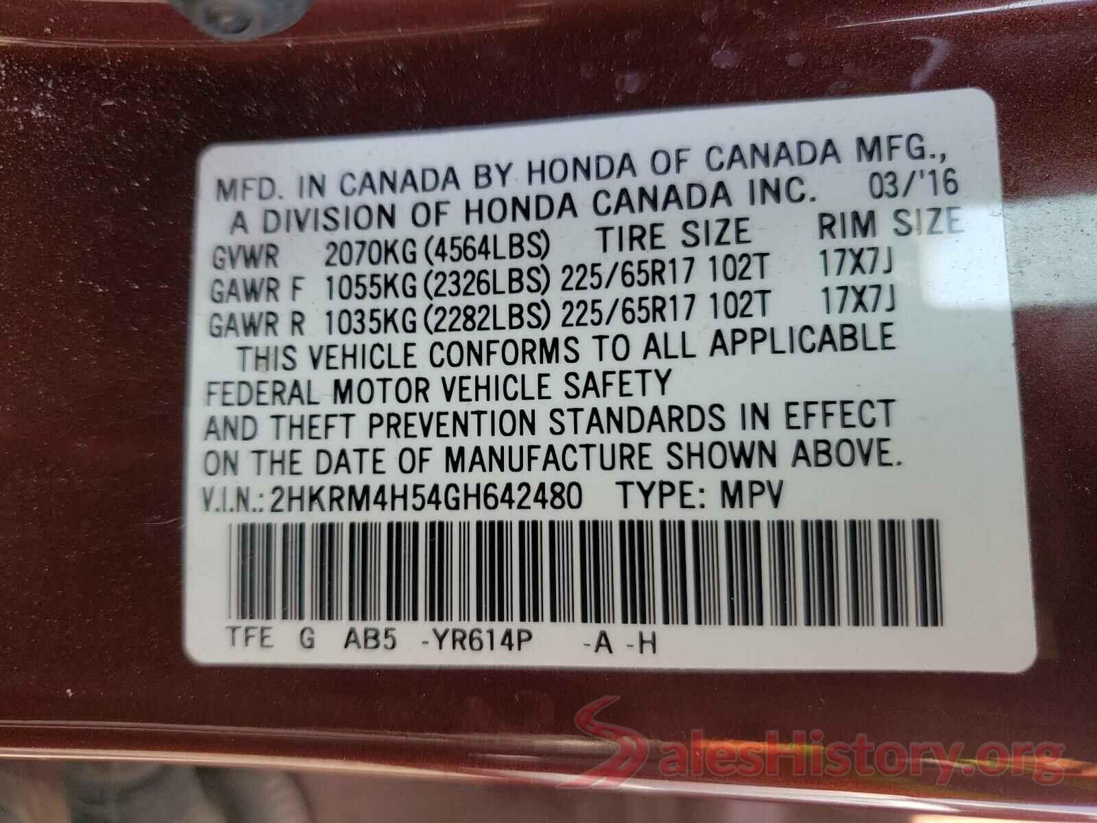 2HKRM4H54GH642480 2016 HONDA CRV