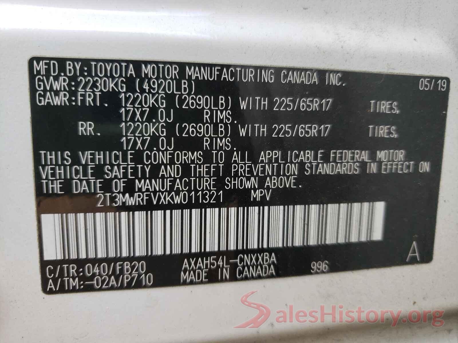 2T3MWRFVXKW011321 2019 TOYOTA RAV4