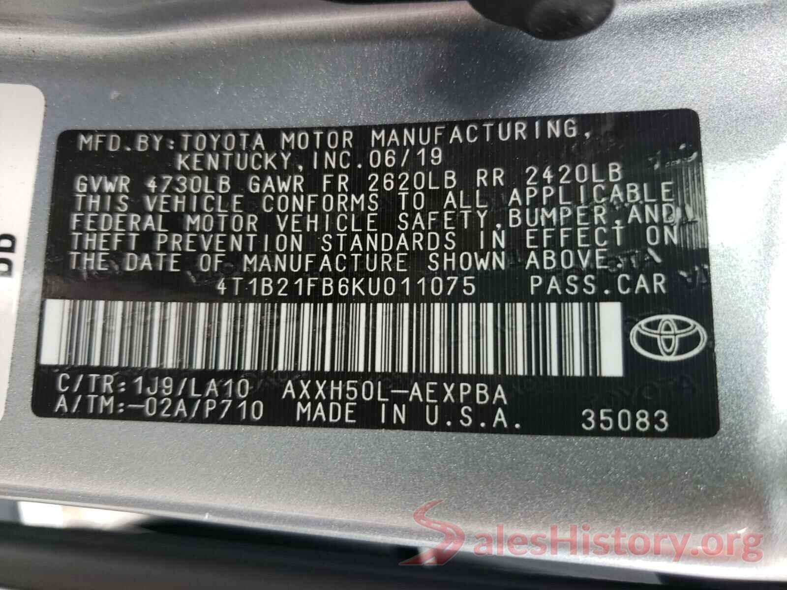 4T1B21FB6KU011075 2019 TOYOTA AVALON