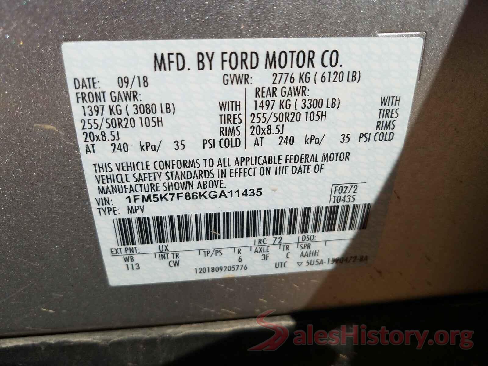 1FM5K7F86KGA11435 2019 FORD EXPLORER