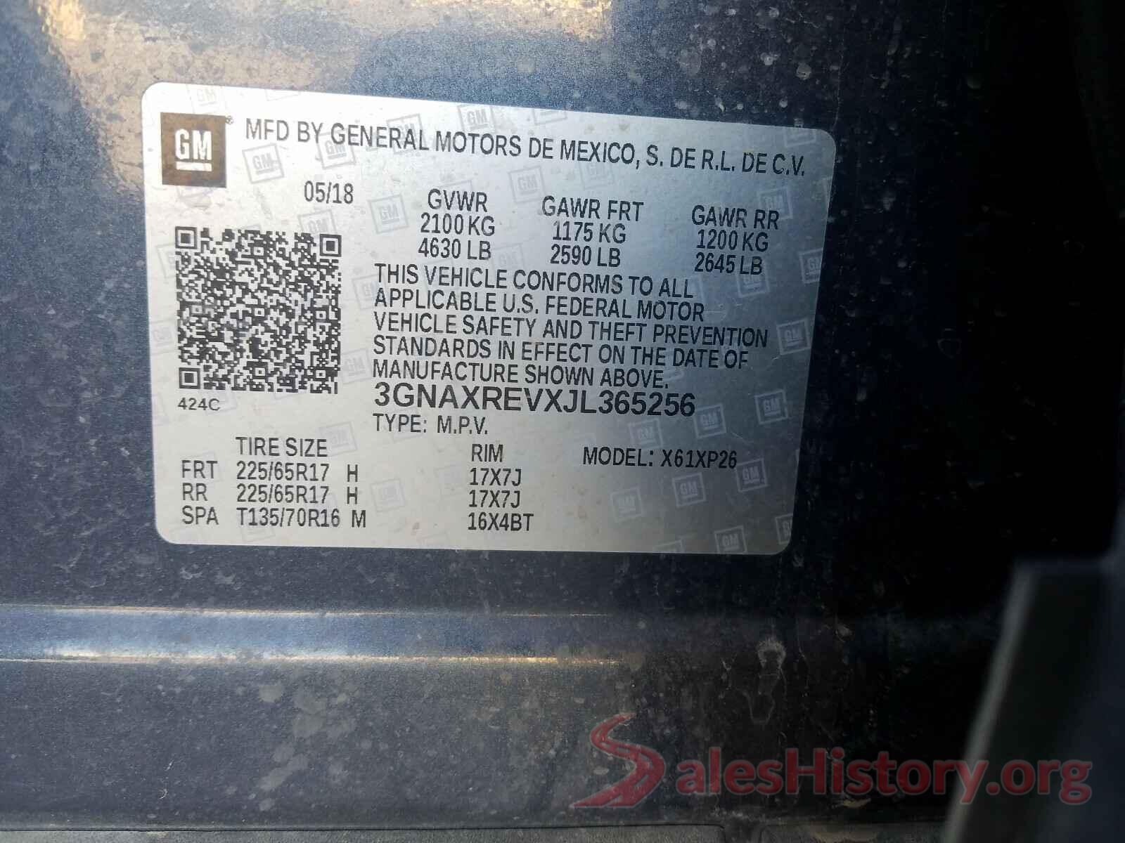 3GNAXREVXJL365256 2018 CHEVROLET EQUINOX