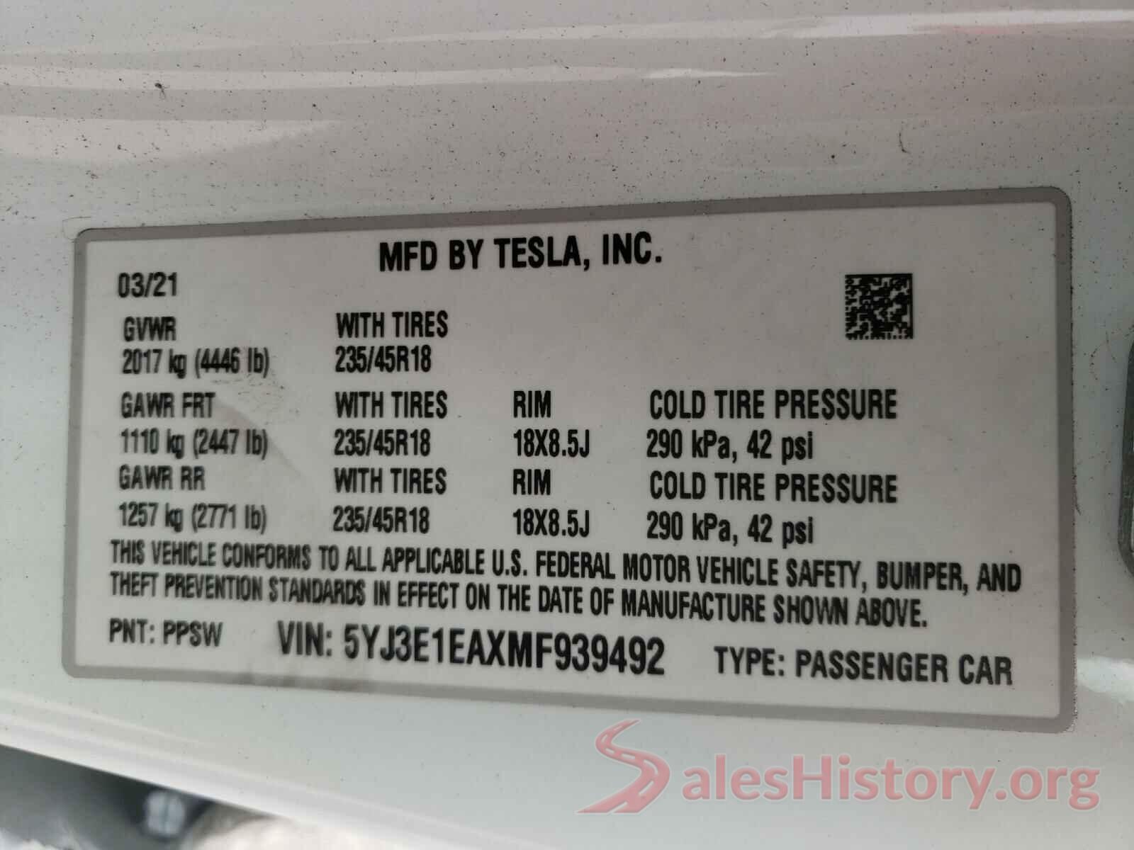 5YJ3E1EAXMF939492 2021 TESLA MODEL 3