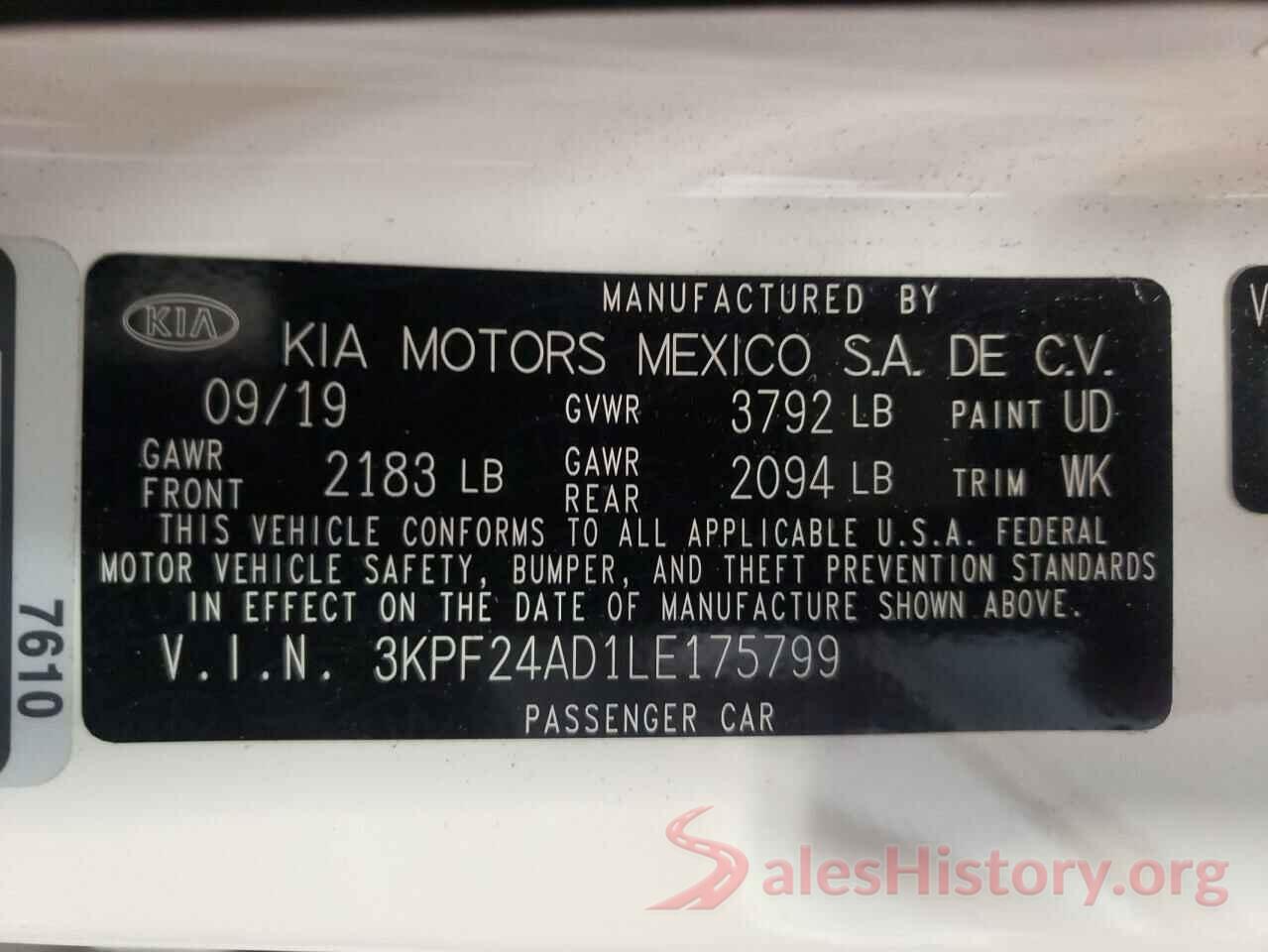 3KPF24AD1LE175799 2020 KIA FORTE