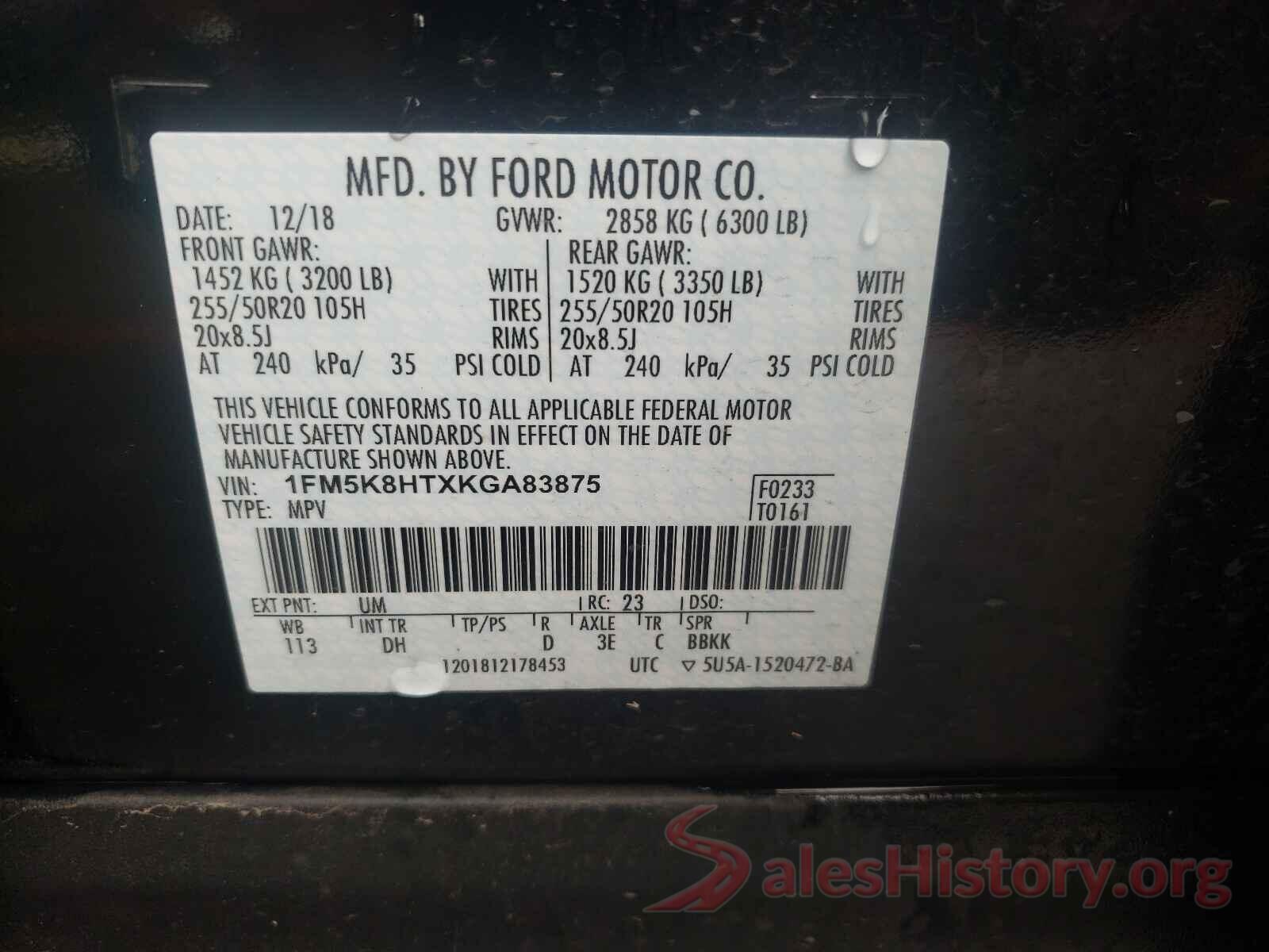 1FM5K8HTXKGA83875 2019 FORD EXPLORER