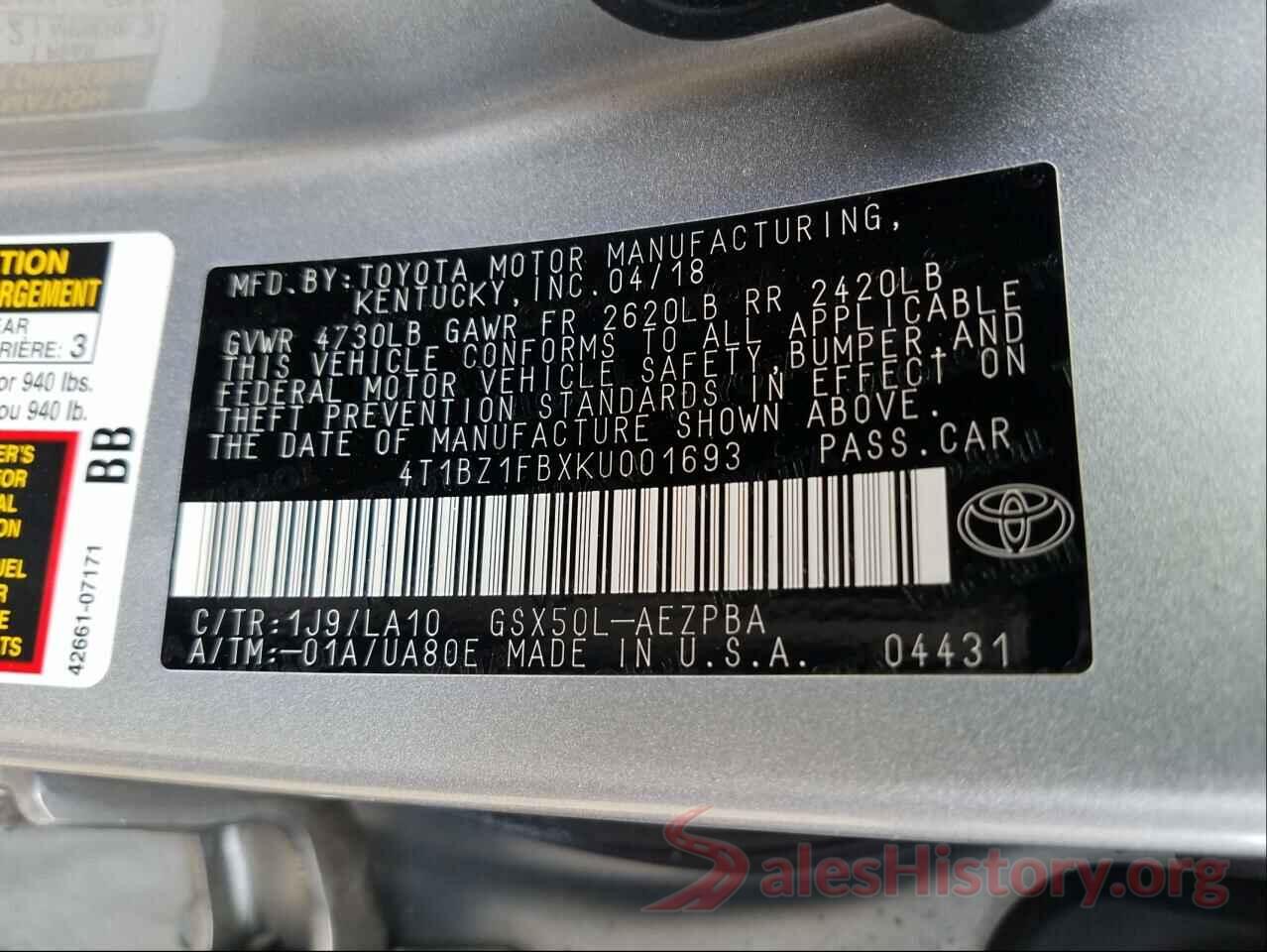 4T1BZ1FBXKU001693 2019 TOYOTA AVALON