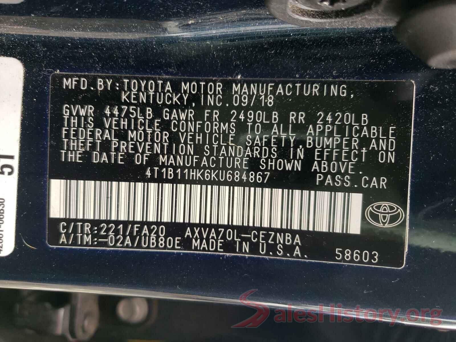 4T1B11HK6KU684867 2019 TOYOTA CAMRY