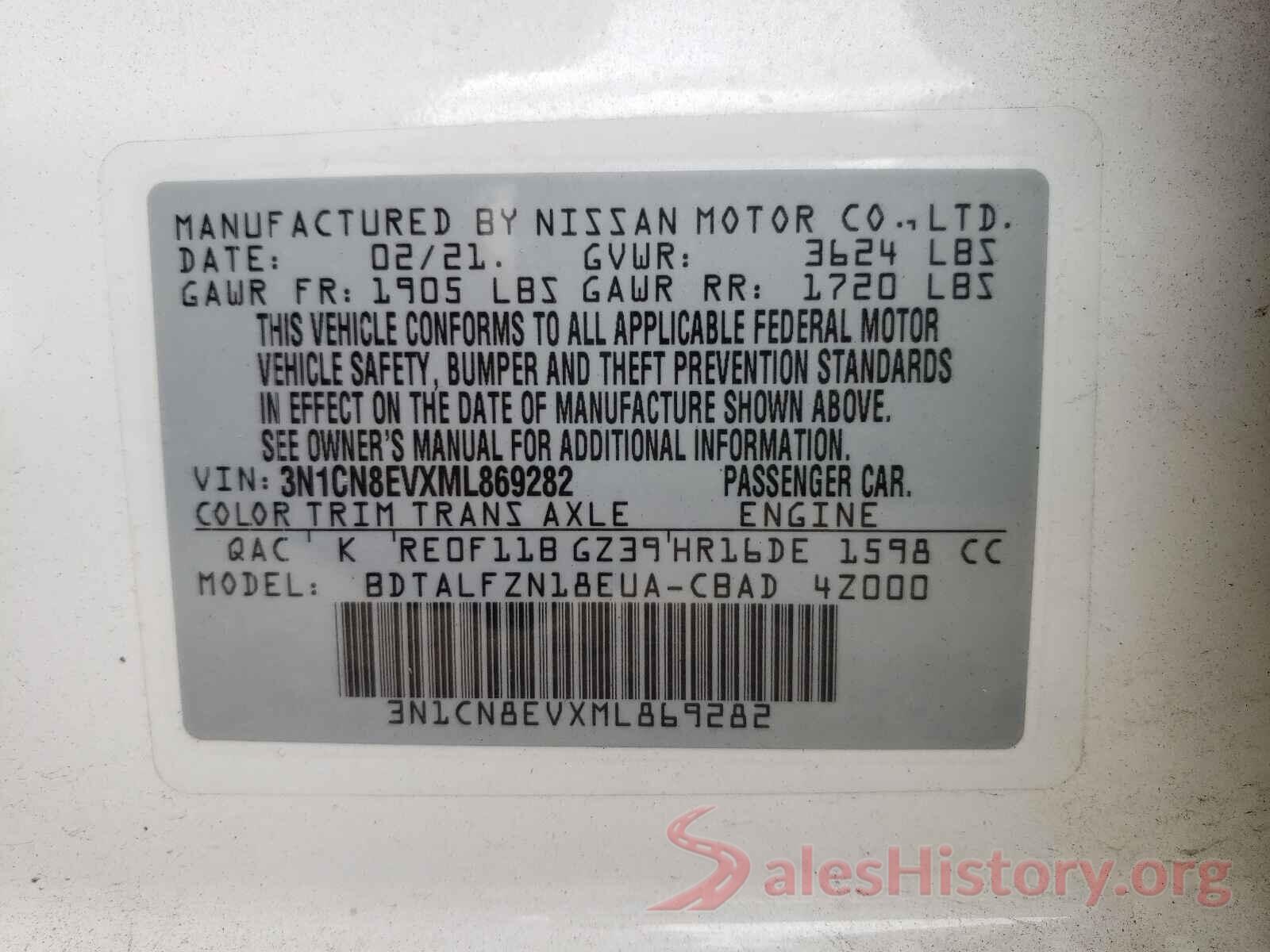 3N1CN8EVXML869282 2021 NISSAN VERSA