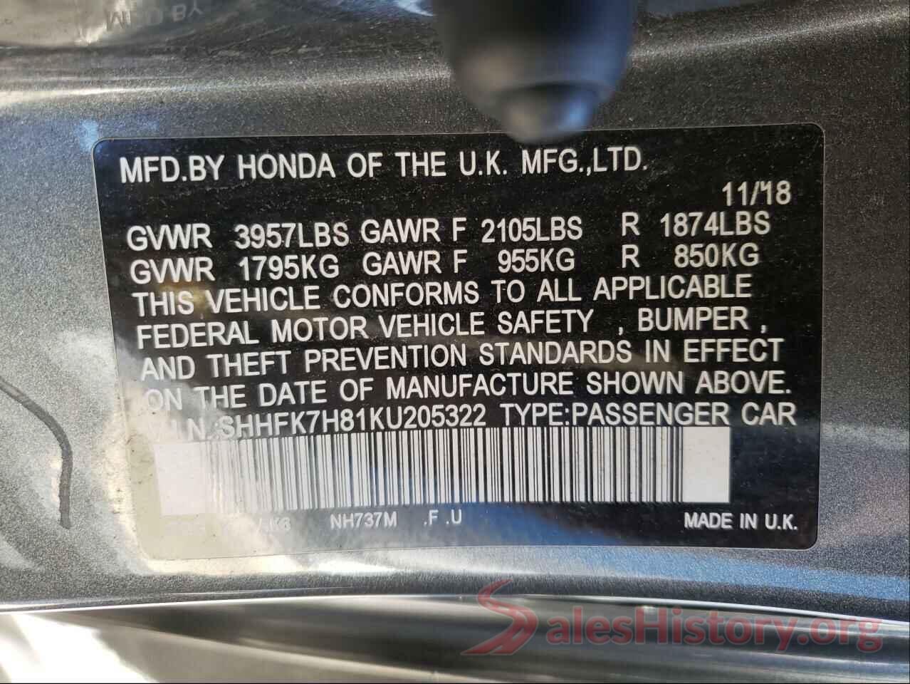 SHHFK7H81KU205322 2019 HONDA CIVIC