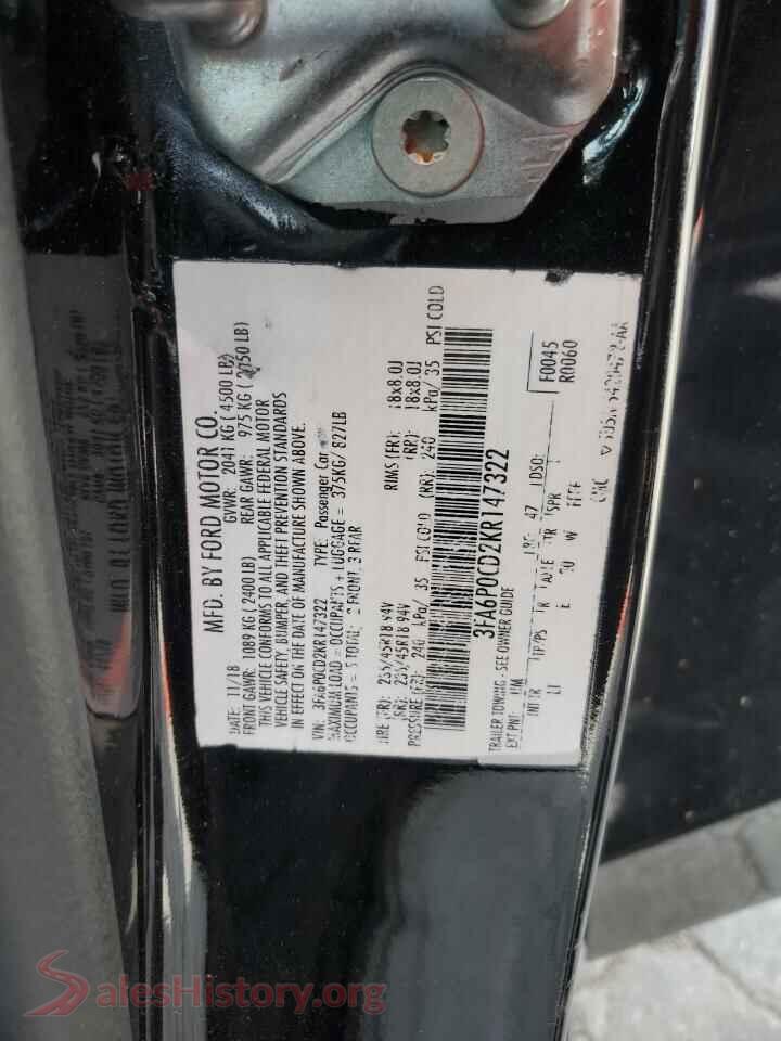 2019 FORD FUSION VIN 3FA6P0CD2KR147322, wheel and tire