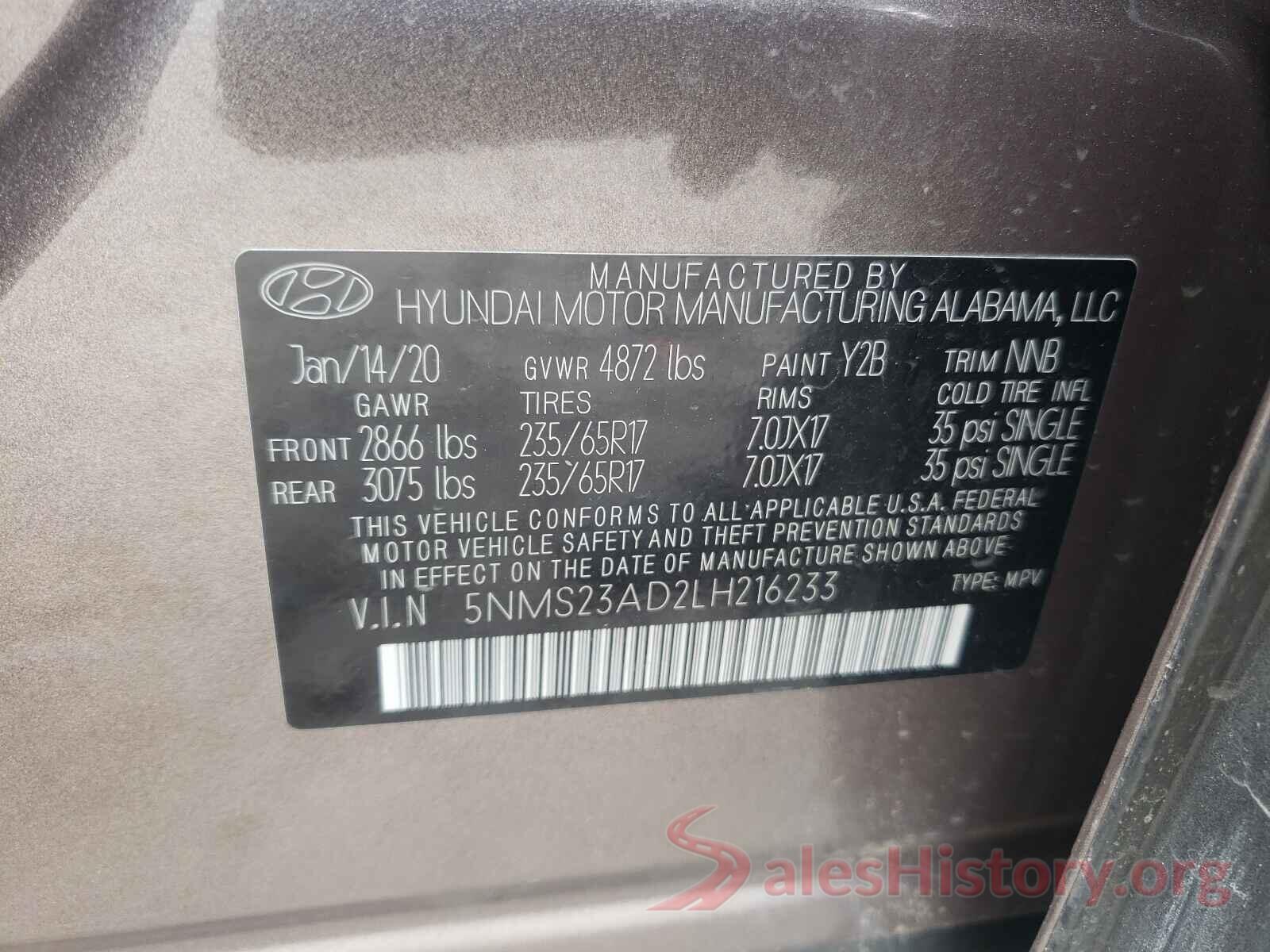 5NMS23AD2LH216233 2020 HYUNDAI SANTA FE