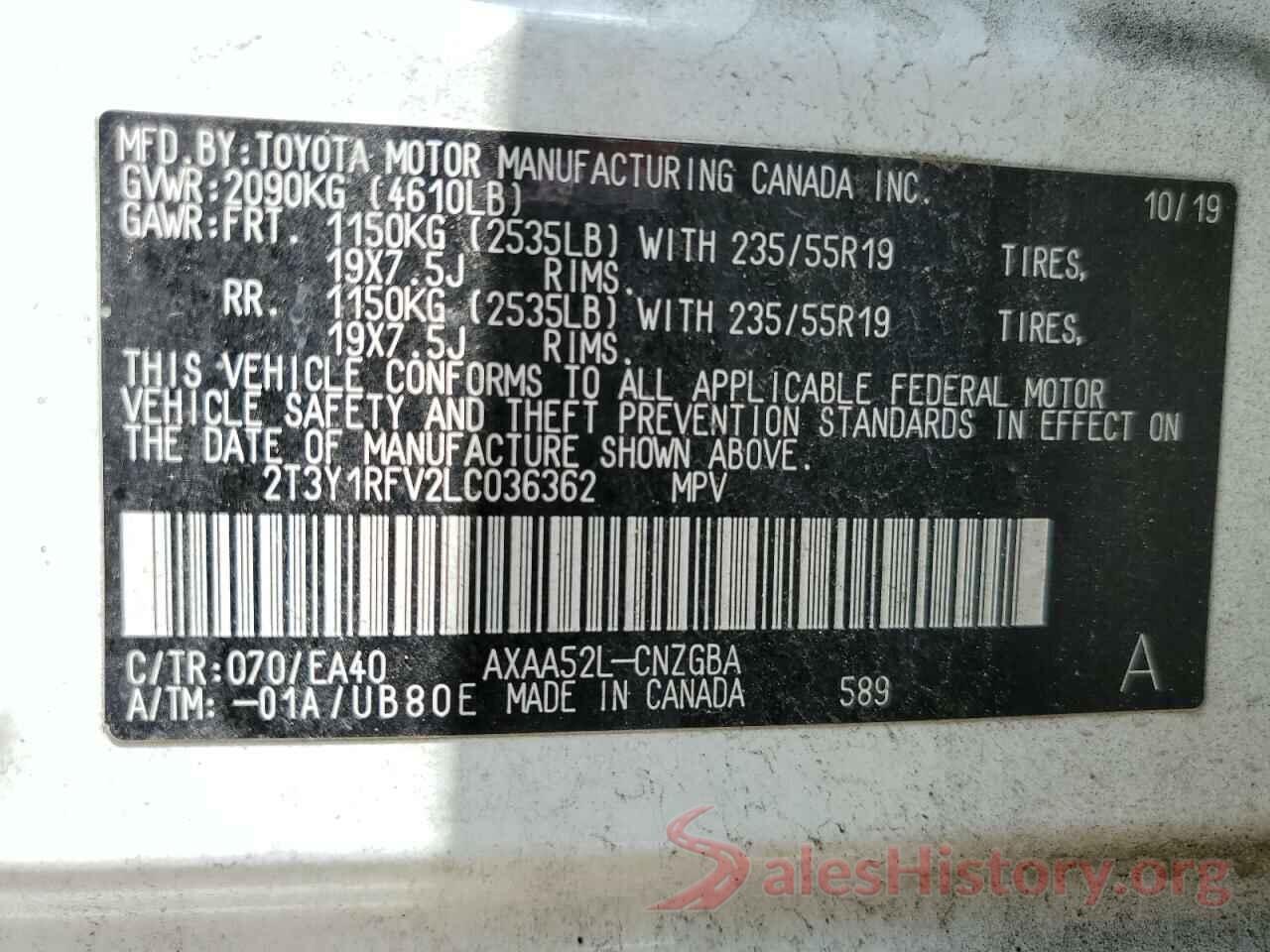 2T3Y1RFV2LC036362 2020 TOYOTA RAV4