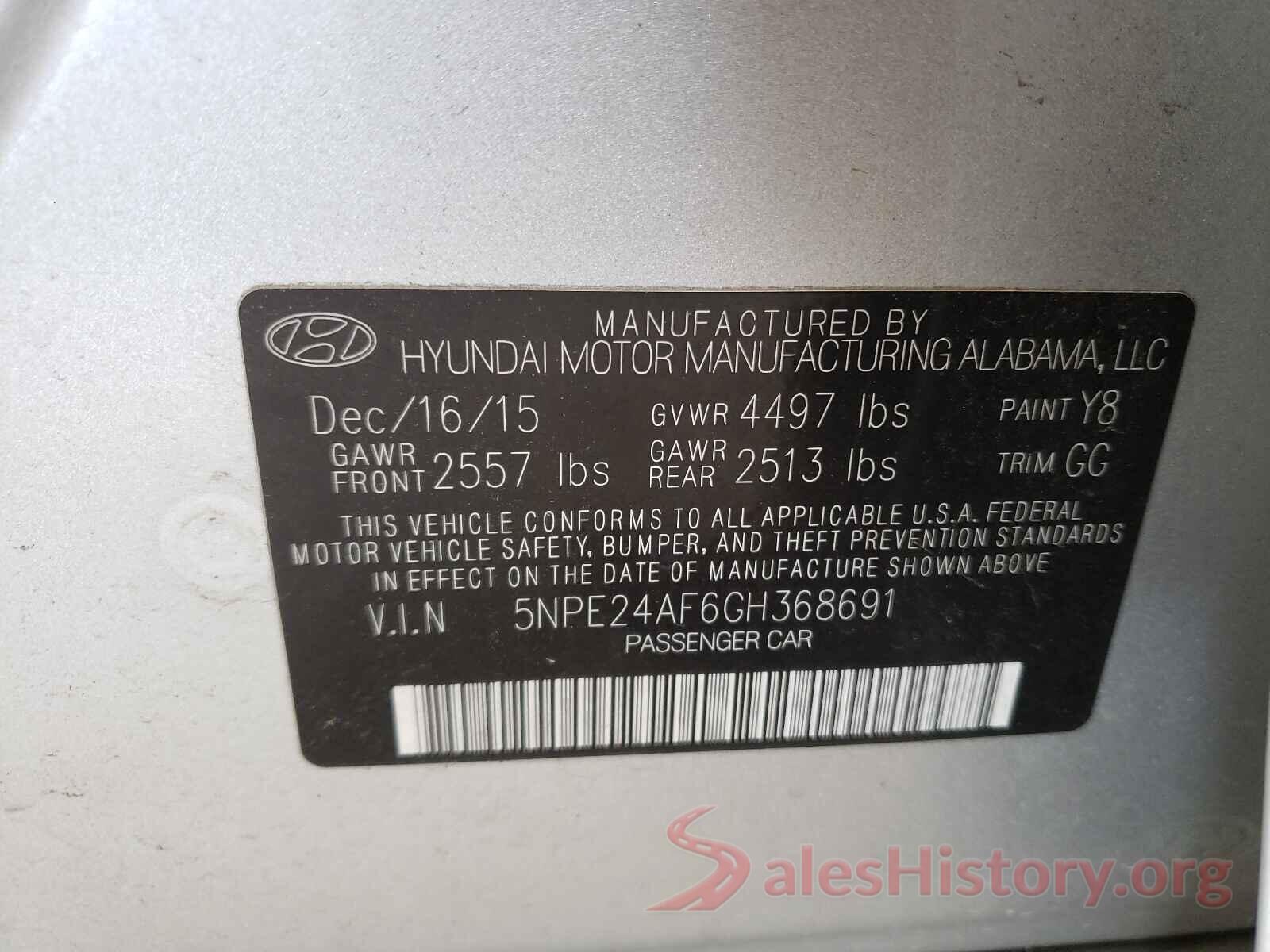 5NPE24AF6GH368691 2016 HYUNDAI SONATA