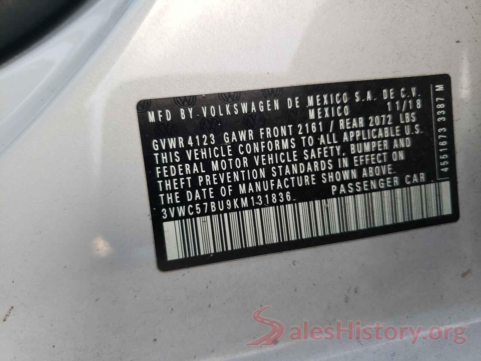 3VWC57BU9KM131836 2019 VOLKSWAGEN JETTA