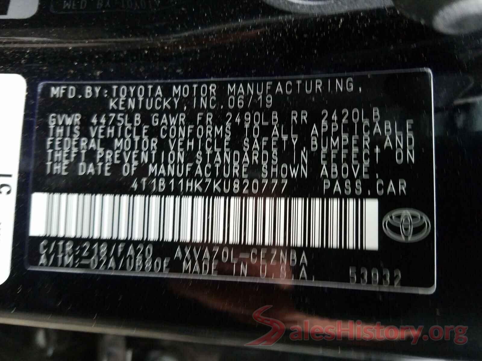 4T1B11HK7KU820777 2019 TOYOTA CAMRY