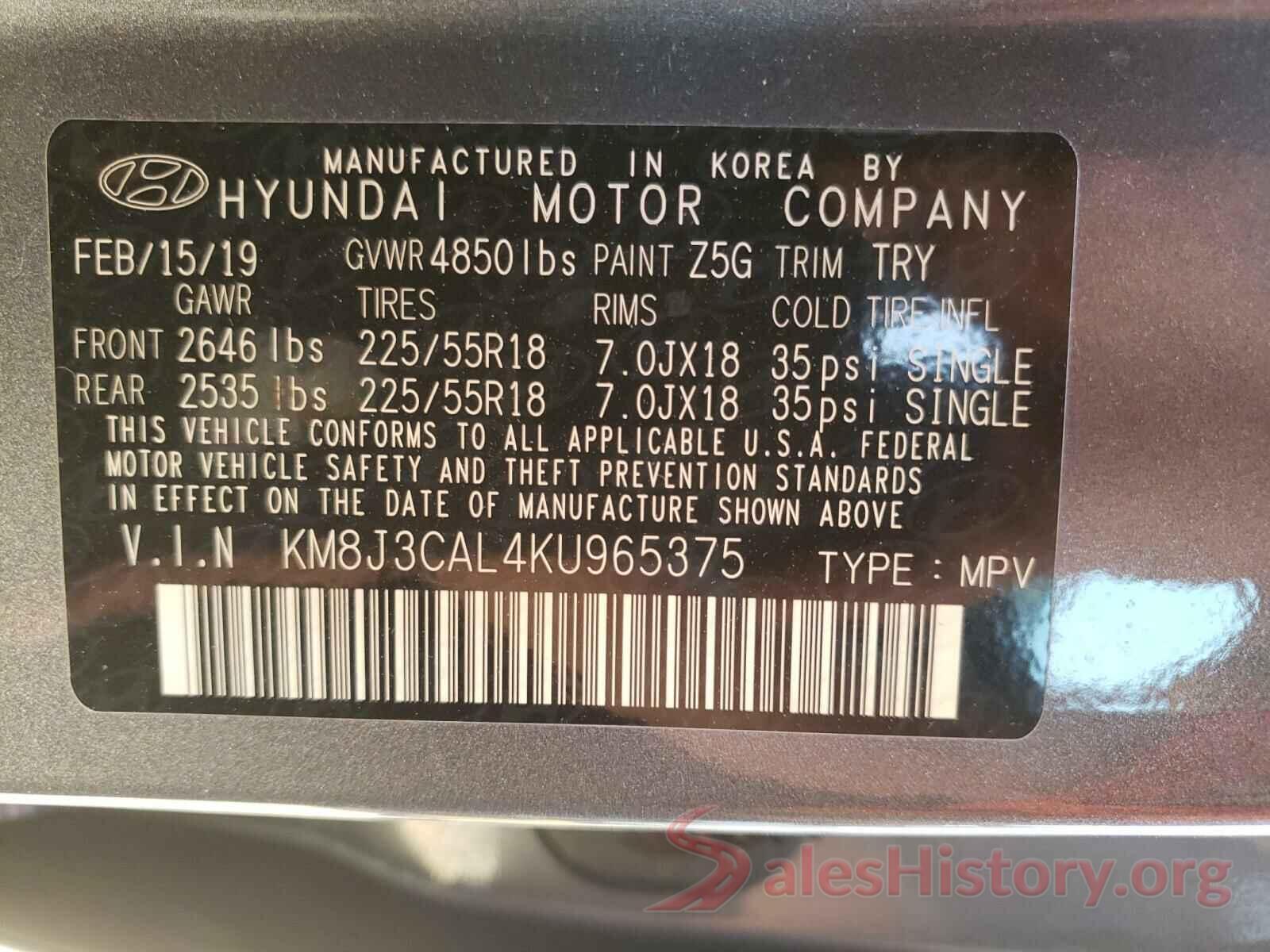 KM8J3CAL4KU965375 2019 HYUNDAI TUCSON