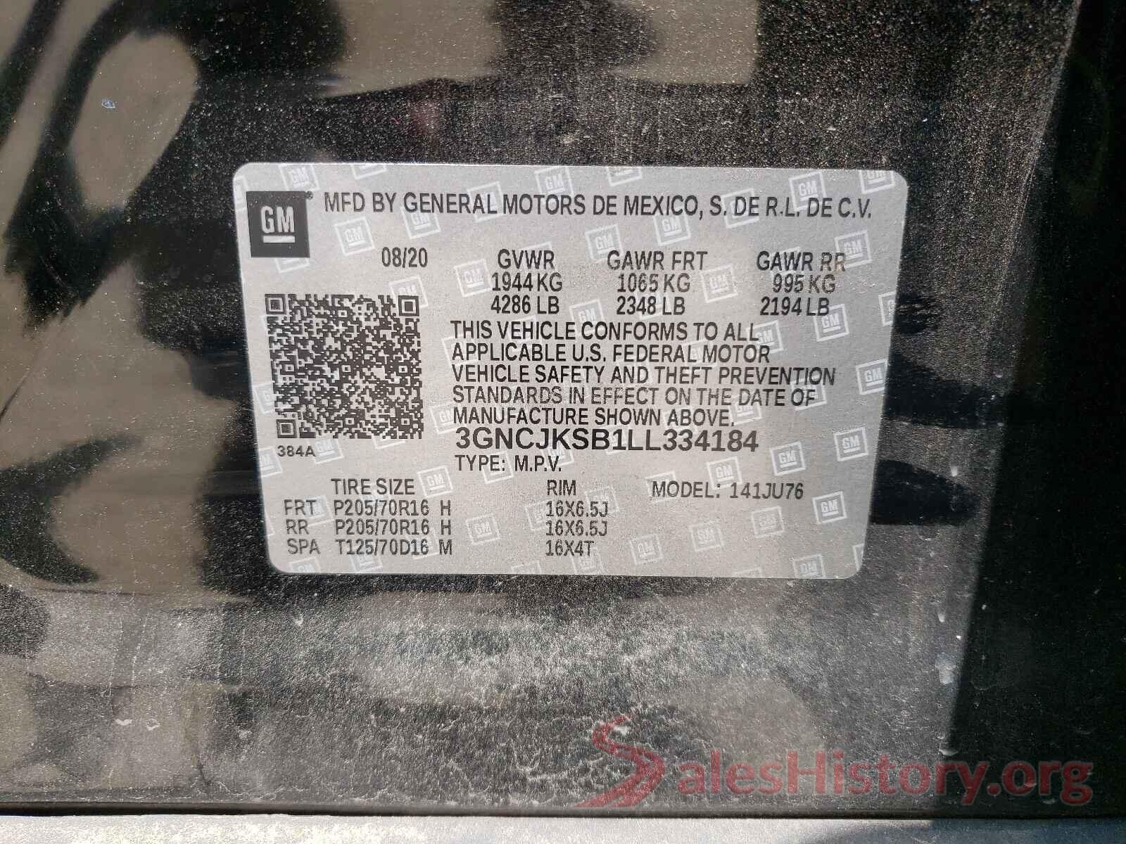 3GNCJKSB1LL334184 2020 CHEVROLET TRAX