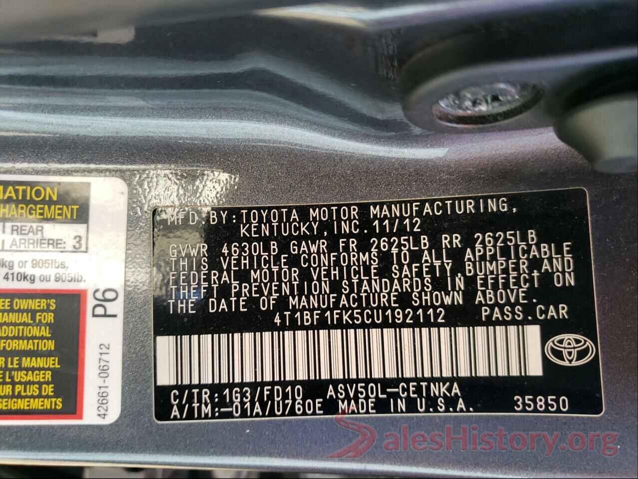 4T1BF1FK5CU192112 2012 TOYOTA CAMRY