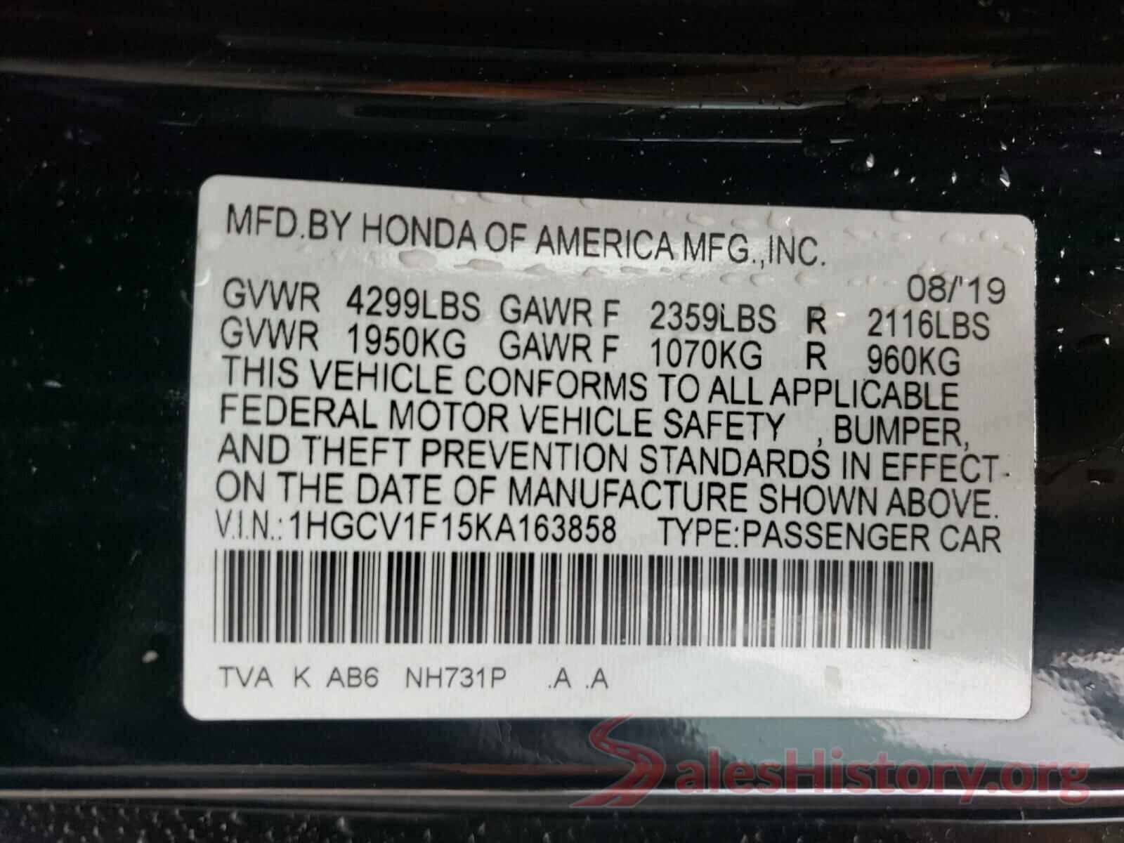 1HGCV1F15KA163858 2019 HONDA ACCORD