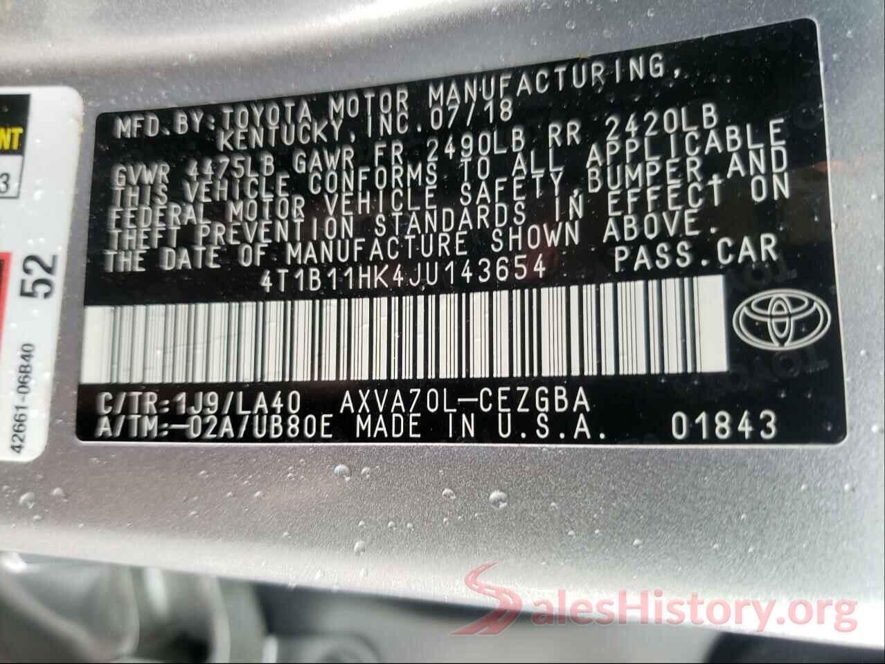 4T1B11HK4JU143654 2018 TOYOTA CAMRY